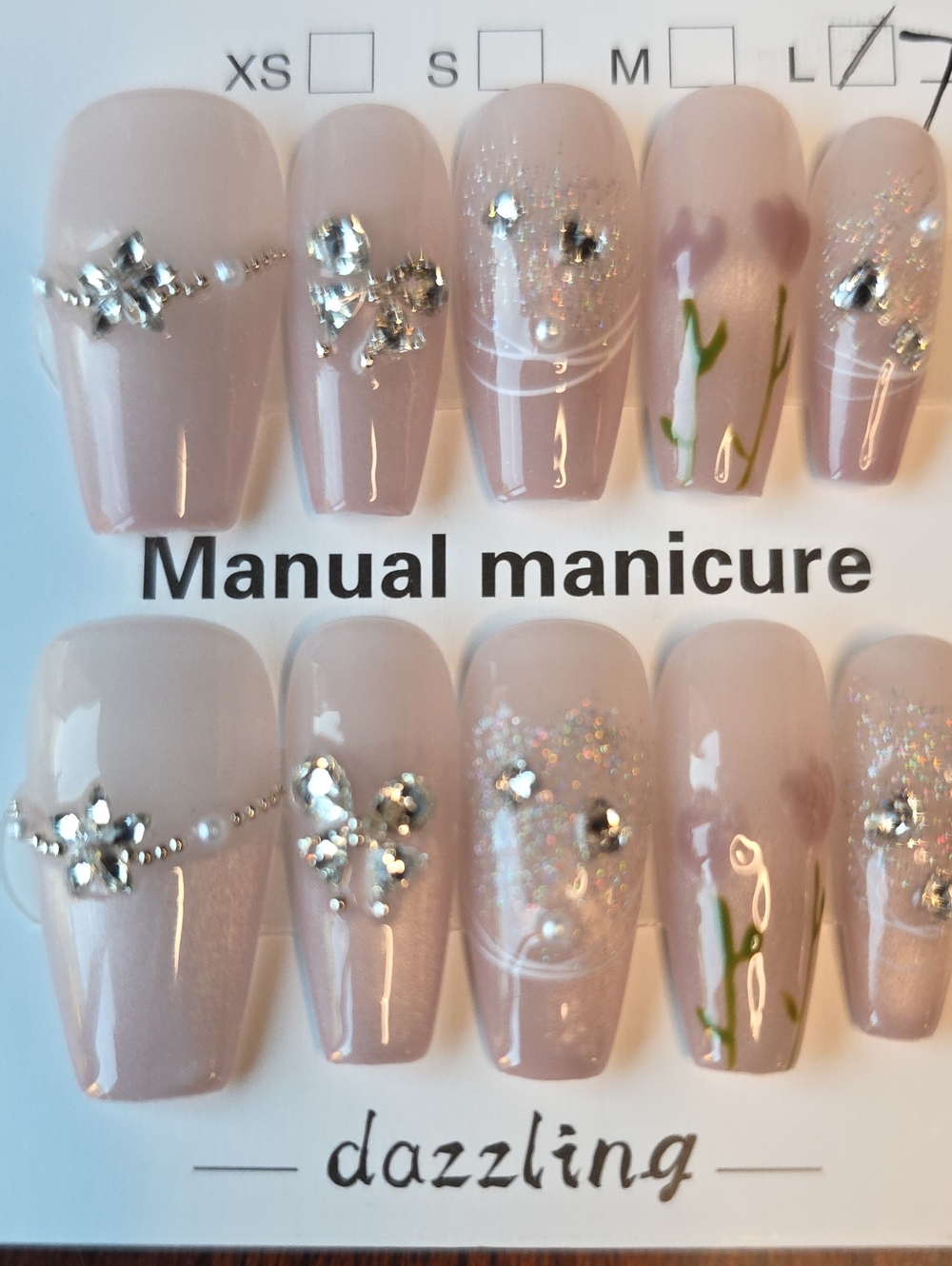 Nude Pink Press-On Nails with Rhinestone & Floral Accents